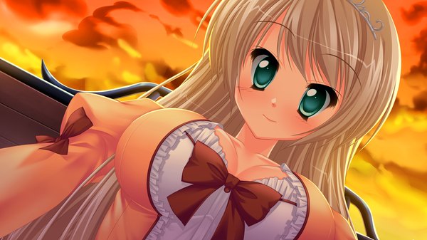 Anime picture 1280x720 with ima mo itsuka mo faluna luna autoire f artemis kamiya tomoe long hair breasts light erotic blonde hair smile wide image green eyes game cg face girl bow