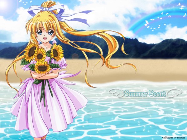 Anime picture 1280x960 with air key (studio) kamio misuzu single long hair looking at viewer open mouth blue eyes blonde hair ponytail :d beach summer girl dress flower (flowers) ribbon (ribbons) hair ribbon sundress sunflower