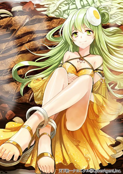 Anime picture 800x1131 with original shokill single long hair tall image looking at viewer fringe breasts light erotic smile bare shoulders green eyes cleavage lying fingernails green hair bare legs on back legs crossed legs