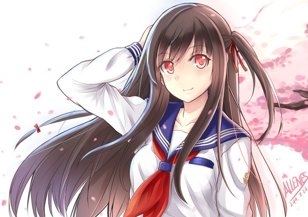 Anime picture 5846x4133 with original allenes single long hair looking at viewer blush highres black hair smile red eyes signed absurdres cherry blossoms girl uniform plant (plants) school uniform petals tree (trees)