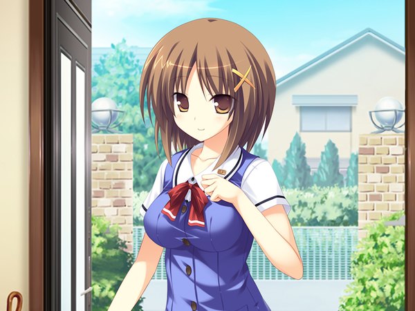 Anime picture 1200x900 with short hair brown hair brown eyes game cg girl serafuku