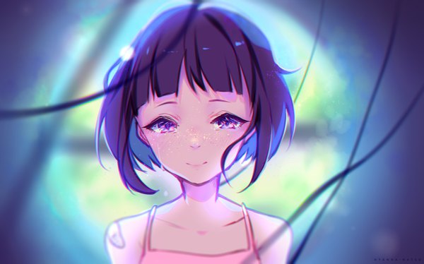 Anime picture 1922x1200 with original hyanna-natsu single looking at viewer blush fringe highres short hair wide image purple eyes bare shoulders signed light smile tears freckles dark hair girl bandaid tank top