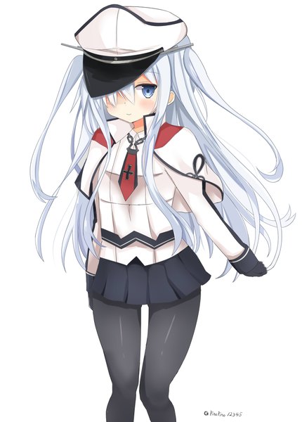 Anime picture 1650x2300 with kantai collection hibiki destroyer graf zeppelin (kantai collection) pinoaisu single long hair tall image looking at viewer blush fringe blue eyes simple background standing white background twintails signed payot silver hair long sleeves light smile