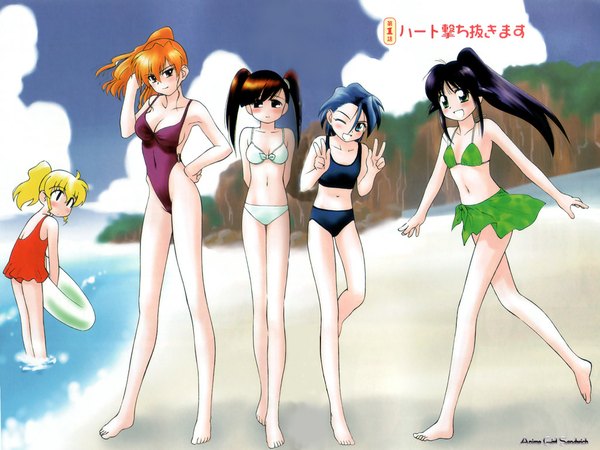 Anime picture 1024x768 with mahoromatic blush short hair blue eyes black hair blonde hair smile brown hair twintails multiple girls green eyes blue hair ponytail black eyes orange hair beach girl swimsuit bikini black bikini