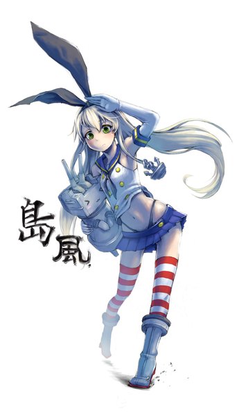 Anime picture 1000x1750 with kantai collection shimakaze destroyer rensouhou-chan nami chii teitoku long hair tall image looking at viewer blush simple background blonde hair white background holding green eyes full body pleated skirt hug text :3 salute > <