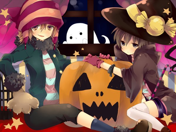 Anime picture 1300x975 with nun-ya short hair blonde hair brown hair multiple girls yellow eyes black eyes striped halloween ghost girl gloves 2 girls hat witch hat vegetables jack-o'-lantern pumpkin