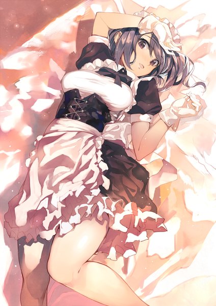Anime picture 848x1200 with original dekappara futoriusu single tall image looking at viewer short hair breasts open mouth brown eyes bent knee (knees) lying grey hair maid girl gloves uniform bow white gloves headdress maid headdress