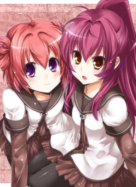 Anime picture 1163x1600 with yuru yuri doga kobo akaza akari sugiura ayano paopao (artist) long hair tall image short hair purple eyes multiple girls yellow eyes purple hair ponytail red hair girl 2 girls serafuku