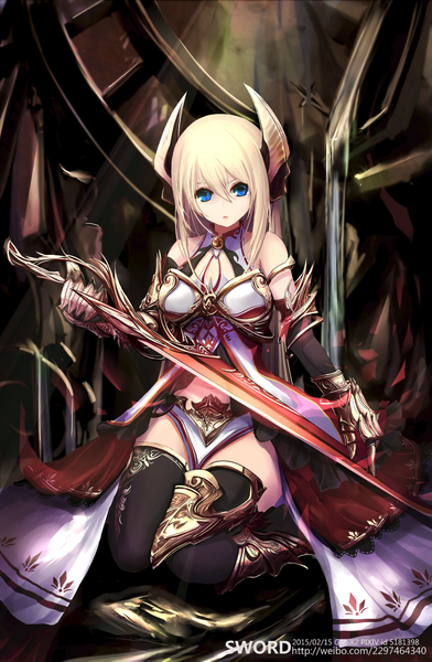 Anime picture 929x1421 with original x2 single long hair tall image fringe open mouth blue eyes blonde hair sitting bare shoulders bare belly kneeling girl thighhighs gloves hair ornament weapon black thighhighs black gloves