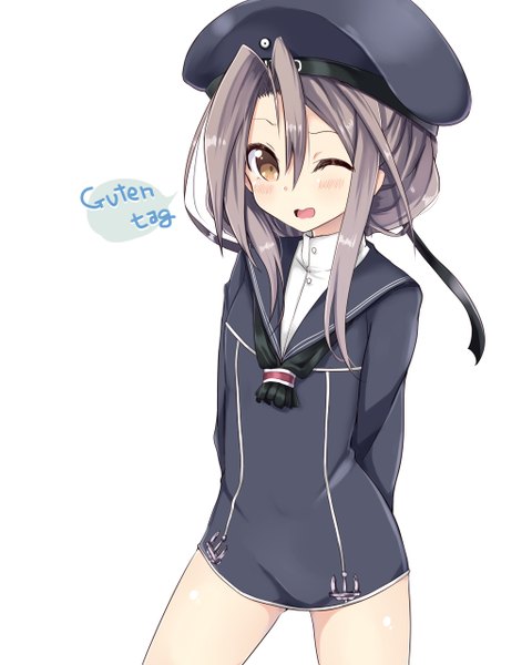 Anime picture 1024x1280 with kantai collection zuihou light aircraft carrier amano kouki single tall image looking at viewer blush open mouth light erotic simple background smile white background brown eyes purple hair one eye closed wink hands behind back z1 leberecht maass (cosplay) girl cap