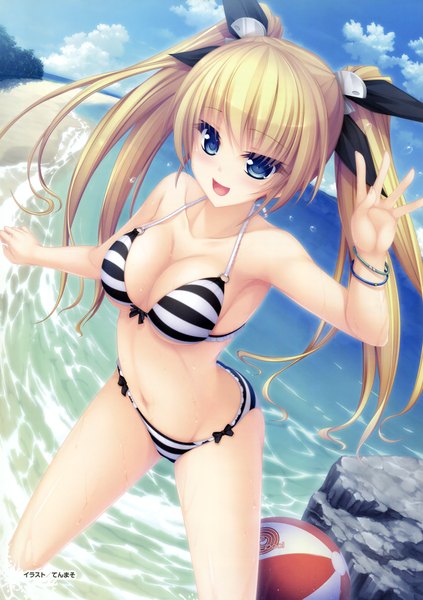 Anime picture 2448x3470 with original tenmaso single long hair tall image looking at viewer blush highres breasts open mouth blue eyes light erotic blonde hair twintails cloud (clouds) midriff girl navel bow swimsuit