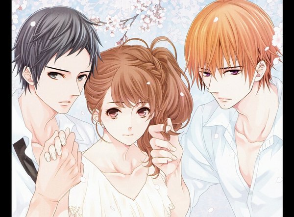 Anime picture 1066x786 with brothers conflict idea factory asahina natsume ema (brothers conflict) asahina subaru long hair looking at viewer fringe short hair black hair red eyes brown hair purple eyes brown eyes grey hair orange hair open clothes multiple boys grey eyes open shirt