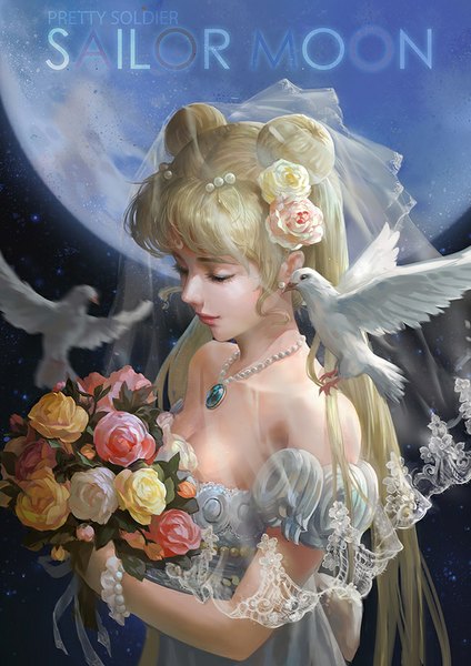 Anime picture 650x919 with bishoujo senshi sailor moon toei animation tsukino usagi princess serenity yinse qi ji single long hair tall image blonde hair twintails bare shoulders holding eyes closed hair flower lips realistic hair bun (hair buns) girl dress hair ornament