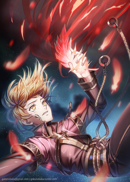 Anime picture 644x900 with original goku-no-baka single tall image short hair blonde hair holding signed yellow eyes parted lips night night sky watermark looking up spread arms falling boy star (stars) feather (feathers) ring