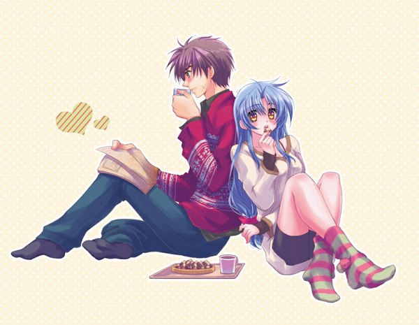 Anime picture 1000x776 with full metal panic! gonzo chidori kaname sagara sousuke yuduki kisa long hair blush short hair simple background brown hair sitting holding brown eyes yellow eyes blue hair profile grey eyes couple scar low ponytail