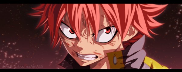 Anime picture 1386x554 with fairy tail natsu dragneel sama15 single short hair wide image pink hair pink eyes grin coloring close-up face angry boy blood