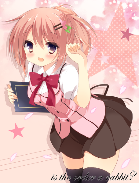 Anime picture 683x900 with gochuumon wa usagi desu ka? white fox hoto cocoa kujou danbo single tall image blush short hair open mouth smile brown eyes pink hair ponytail pleated skirt inscription leaning leaning forward copyright name girl thighhighs