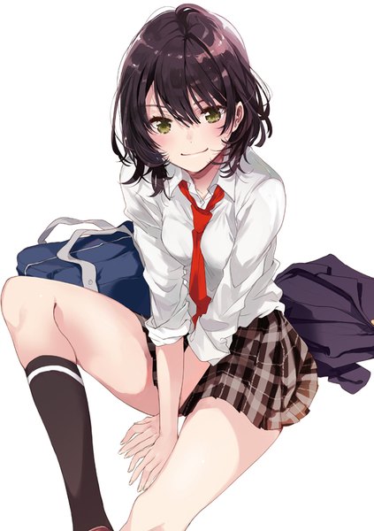 Anime picture 595x842 with original fly (marguerite) single tall image looking at viewer blush fringe breasts simple background smile hair between eyes brown hair white background sitting green eyes bent knee (knees) long sleeves head tilt pleated skirt thighs