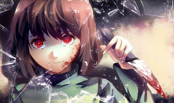 Anime picture 1690x1000 with undertale chara (undertale) neekochanii single long hair looking at viewer fringe red eyes brown hair wide image looking away upper body blood on face androgynous bloody weapon broken glass blood knife debris