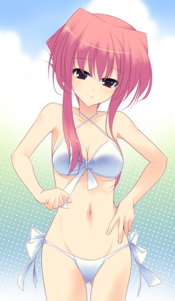 Anime picture 1098x1884 with original dragonmaterial single long hair tall image red eyes pink hair girl navel swimsuit bikini white bikini