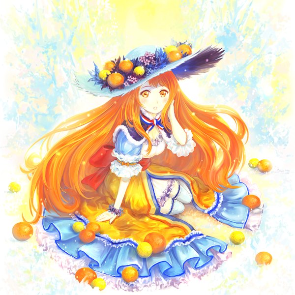 Anime picture 1280x1280 with original orangina rymerge single long hair looking at viewer blush orange hair orange eyes flag print girl thighhighs dress hat frills orange (fruit)