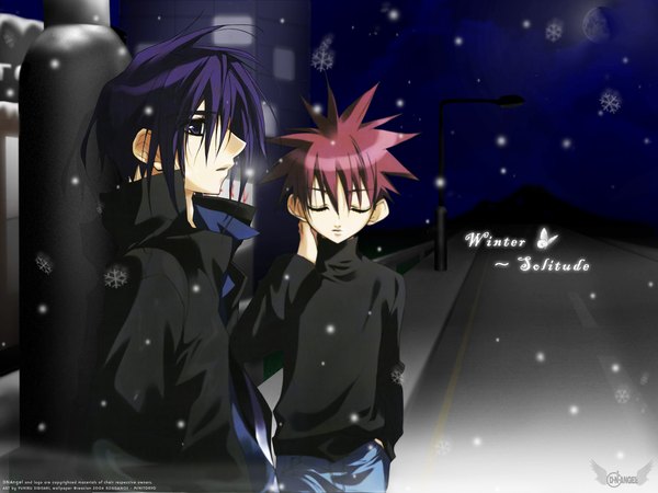 Anime picture 1600x1200 with d.n.angel xebec niwa daisuke dark mousy sugisaki yukiru korganos short hair purple hair upper body outdoors red hair eyes closed profile night multiple boys wallpaper copyright name snowing hand in pocket third-party edit