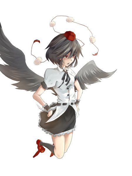 Anime picture 1500x2000 with touhou shameimaru aya nekono mao single tall image fringe highres black hair simple background hair between eyes red eyes white background full body sweatdrop flying black wings hands on hips girl skirt hat