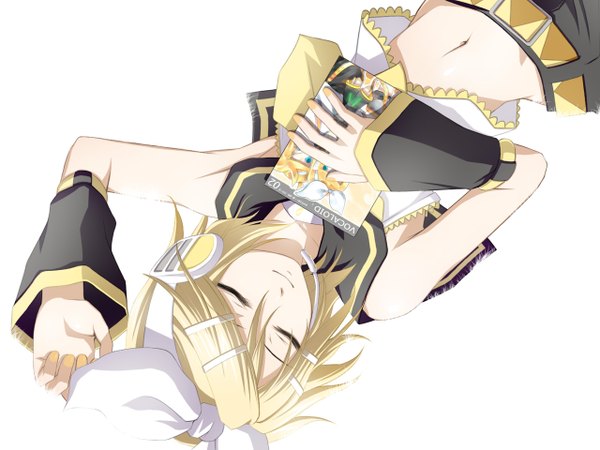 Anime picture 1280x960 with vocaloid kagamine rin kuromayu single short hair simple background blonde hair smile white background bare shoulders lying eyes closed armpit (armpits) sleeping girl navel bow hair bow detached sleeves necktie
