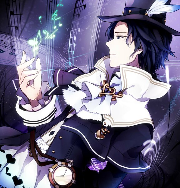 Anime picture 800x833 with trusty bell frederic chopin ai (warekaku) single tall image short hair blue eyes black hair profile treble clef boy clock musical note pocket watch top hat