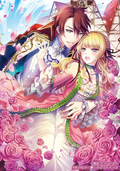 Anime picture 600x857 with original rinko (mg54) long hair tall image blush short hair open mouth blue eyes blonde hair brown hair couple girl dress boy flower (flowers) petals rose (roses) pink rose