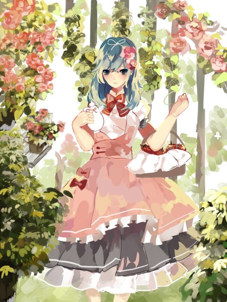 Anime picture 603x800 with original manbou no shigai single long hair tall image looking at viewer blush fringe blue eyes standing holding payot blue hair parted lips hair flower arm up puffy sleeves frilly skirt girl dress