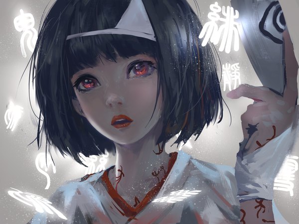 Anime picture 1600x1200 with noragami studio bones nora (noragami) wlop single fringe open mouth black hair red eyes holding traditional clothes head tilt japanese clothes tattoo lipstick magic hieroglyph portrait looking up eyeshadow