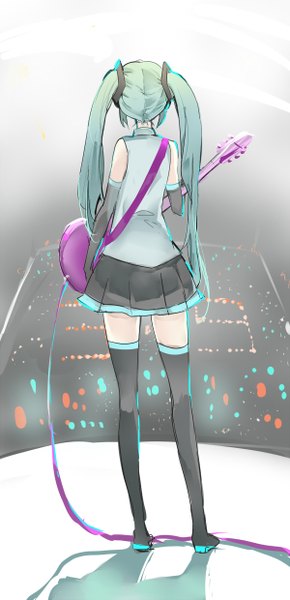 Anime picture 600x1239 with vocaloid hatsune miku bxr single long hair tall image standing twintails from behind aqua hair music concert girl skirt hair ornament miniskirt boots thigh boots wire (wires) guitar