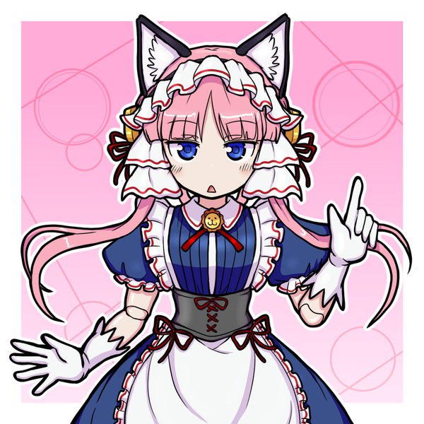 Anime picture 2000x2000 with koukaku no pandora clarion eruru (erl) single long hair looking at viewer fringe highres open mouth blue eyes simple background animal ears pink hair blunt bangs cat ears maid border pink background lacing outside border