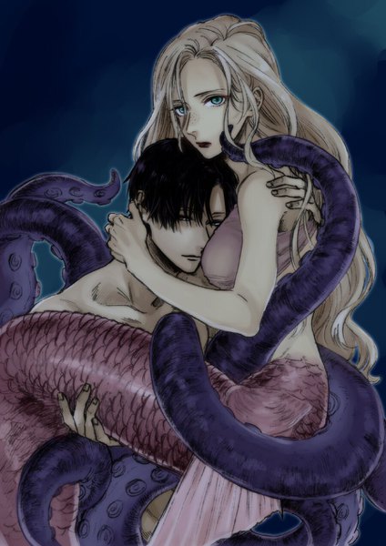 Anime picture 900x1272 with original kuze takeshi long hair tall image looking at viewer short hair black hair blonde hair tail aqua eyes couple hug facial mark dark background whisker markings monster girl freckles carrying fish tail girl
