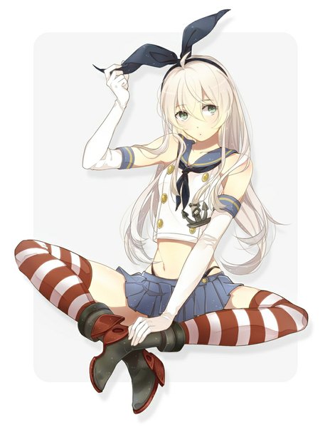 Anime picture 847x1078 with kantai collection shimakaze destroyer n078 (artist) single long hair tall image blue eyes sitting looking away white hair midriff girl thighhighs skirt gloves bow hair bow miniskirt elbow gloves boots