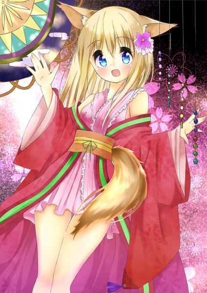 Anime picture 1414x2000 with original kiiharu (artist) single long hair tall image looking at viewer blush open mouth blue eyes blonde hair bare shoulders animal ears long sleeves traditional clothes animal tail hair flower girl hair ornament