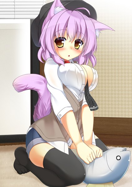 Anime picture 1000x1414 with original shirasu youichi single tall image looking at viewer blush short hair breasts light erotic large breasts animal ears yellow eyes purple hair tail animal tail cat ears cat girl cat tail girl thighhighs