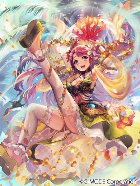Anime picture 1286x1714 with soukyuu no skygalleon matsumoto mitsuaki single tall image looking at viewer blush fringe breasts open mouth blue eyes smile bare shoulders holding hair flower pointy ears arms up official art armpit (armpits) midriff floating hair