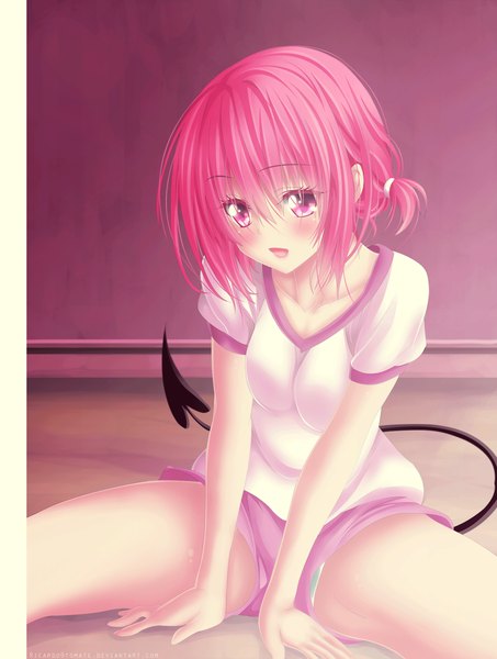 Anime picture 2000x2644 with toloveru toloveru darkness xebec momo velia deviluke ric9duran single tall image blush highres short hair open mouth light erotic smile pink hair ponytail tail pink eyes spread legs coloring side ponytail