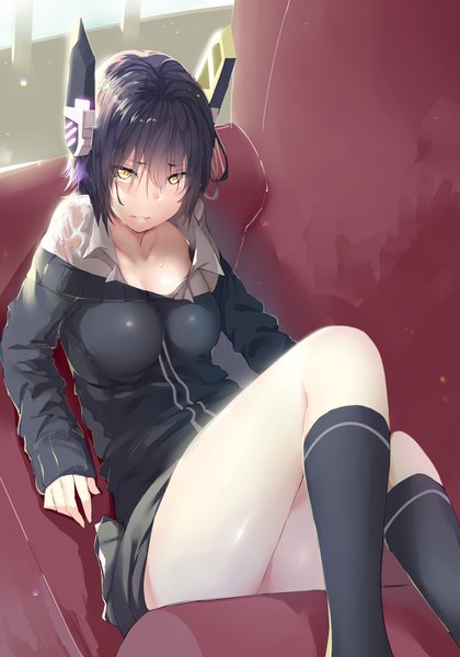 Anime picture 3500x5000 with kantai collection tenryuu light cruiser hews single tall image looking at viewer blush highres short hair light erotic black hair yellow eyes absurdres girl hair ornament socks black socks couch