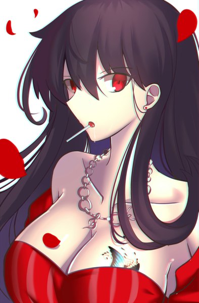 Anime picture 1600x2436 with original paperfinger single long hair tall image looking at viewer fringe breasts open mouth light erotic black hair simple background hair between eyes red eyes large breasts white background bare shoulders cleavage tattoo portrait