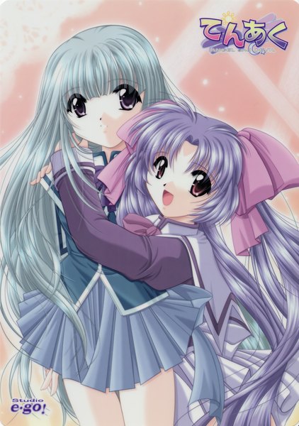 Anime picture 2130x3027 with tenaku angel and devil milly (tenaku angel and devil) melty (tenaku angel and devil) yamamoto kazue long hair tall image looking at viewer highres open mouth standing twintails multiple girls silver hair purple hair :d pleated skirt copyright name hug girl skirt