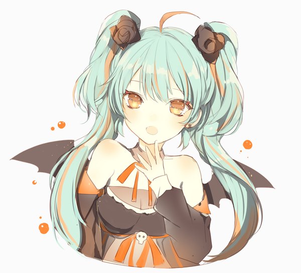 Anime picture 845x766 with vocaloid hatsune miku lpip single long hair looking at viewer blush fringe open mouth simple background white background twintails bare shoulders ahoge multicolored hair orange hair aqua hair two-tone hair orange eyes streaked hair
