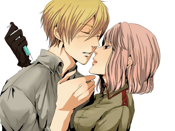 Anime picture 1024x768 with arakawa under the bridge shaft (studio) maria (hayate no gotoku!) sister (arakawa) enoki (pixiv 1029402) short hair simple background blonde hair white background pink hair eyes closed couple scar almost kiss girl boy gloves uniform shirt military uniform