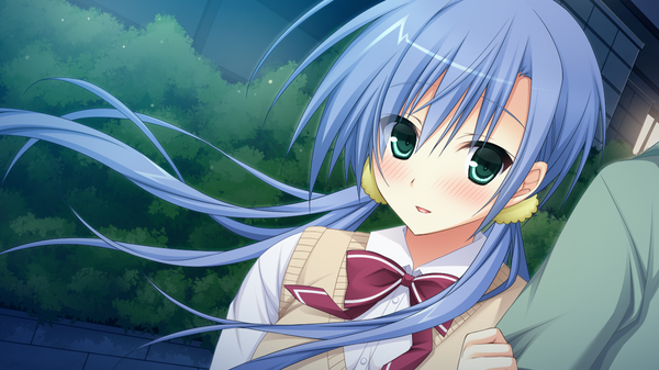 Anime picture 1280x720 with lautes alltags hirasawa kaede sorai shin'ya long hair looking at viewer blush fringe open mouth wide image twintails green eyes blue hair game cg outdoors low twintails girl uniform ribbon (ribbons) plant (plants) school uniform