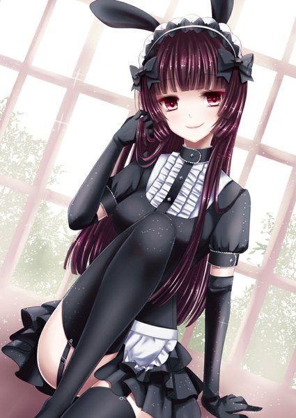 Anime picture 619x874 with original hiroharu single long hair tall image looking at viewer smile red eyes purple hair girl thighhighs dress gloves bow black thighhighs hair bow black gloves elbow gloves