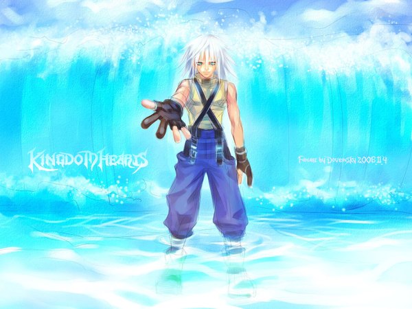 Anime picture 1600x1200 with kingdom hearts square enix riku (kingdom hearts) single looking at viewer short hair blue eyes standing signed full body outdoors white hair copyright name dated sketch boy gloves suspenders partly fingerless gloves
