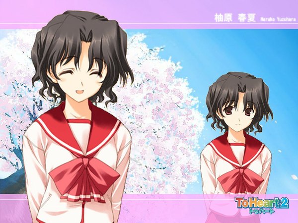 Anime picture 1024x768 with to heart 2 leaf (studio) yuzuhara haruka mitsumi misato looking at viewer short hair open mouth black hair smile brown eyes sky upper body eyes closed light smile blurry copyright name character names wavy hair hands behind back multiview