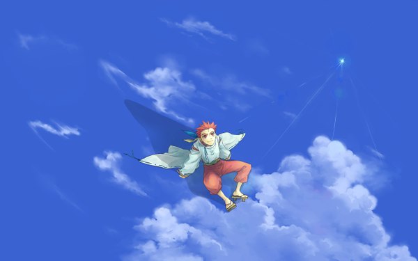 Anime picture 1280x800 with harukanaru toki no naka de inori (harukanaru) c (pixiv) single red eyes wide image sitting sky cloud (clouds) red hair traditional clothes shadow boy star (stars)